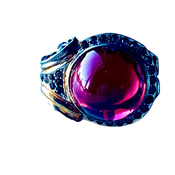 Antique Vermeil Red Cabochon Glass Sterling Silver & Gold Woman’s Ring Jewelry - Picture 2 of 9